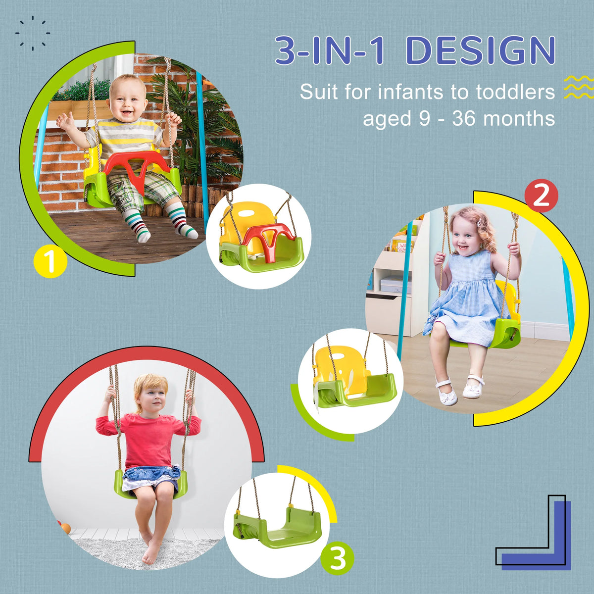 3-in-1 Kids Swing Seat with Safety Belt and T-Bar, Adjustable Toddler Swing, Green