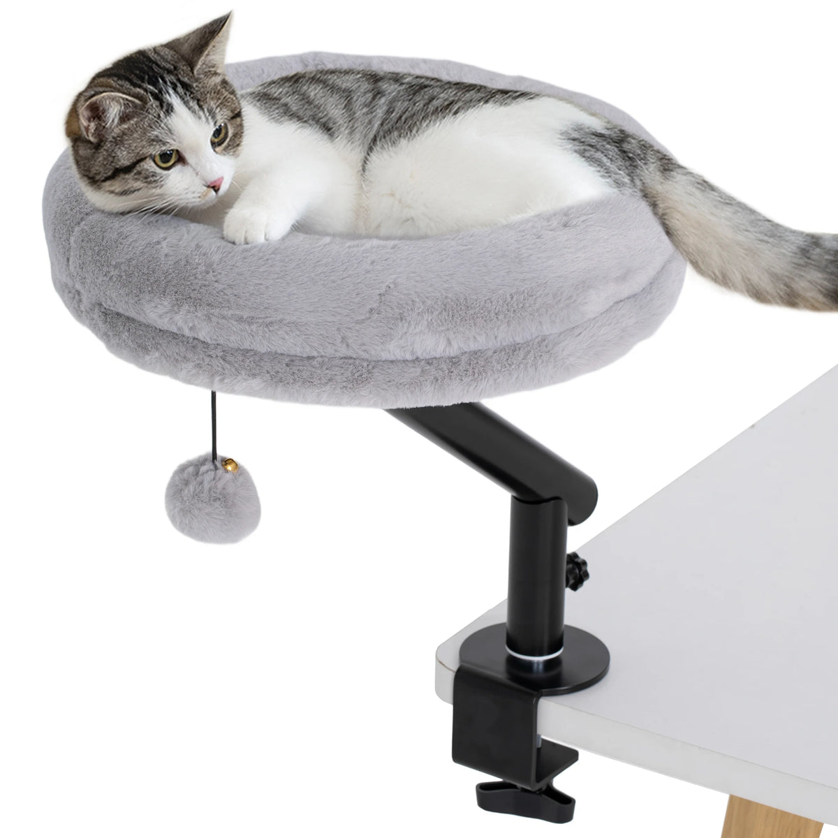 Cat Bed for Desk 360° Rotatable Clamp On Cat Hammock 35x35x48cm Plush Washable with Teaser Ball Grey