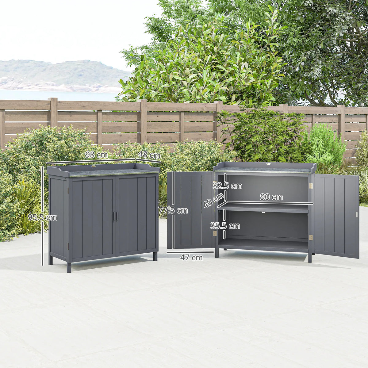 Wooden Potting Bench with Storage Cabinet and Galvanised Top, Grey