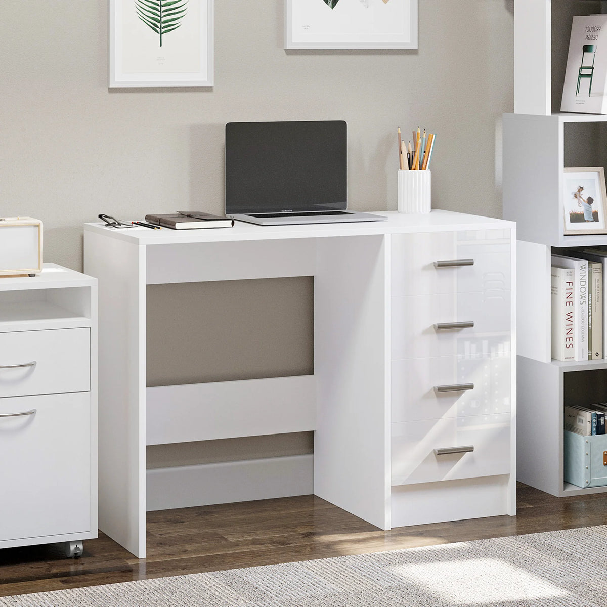 Computer Writing Desk with 4 Drawers, High Gloss Home Office Workstation