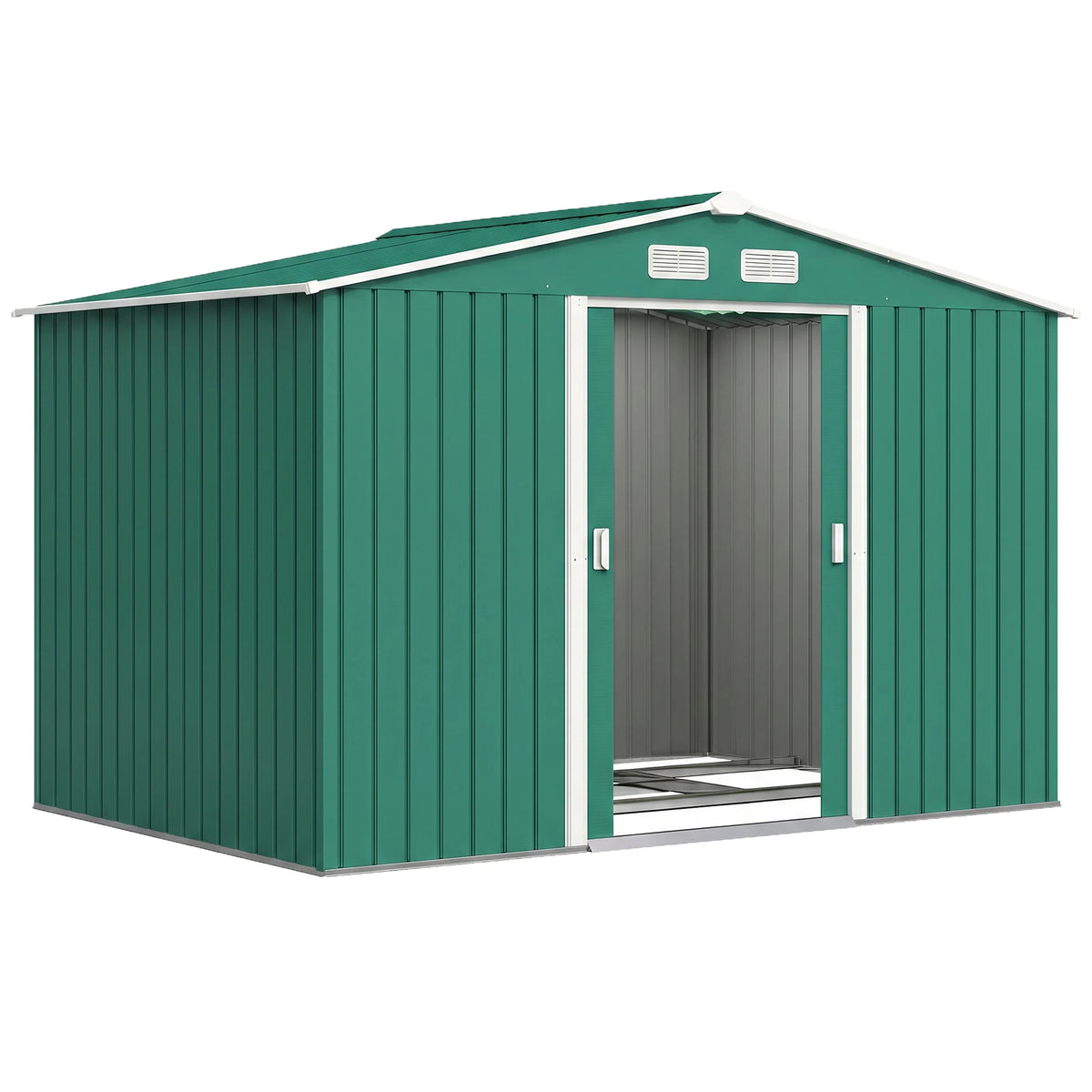 9 x 6ft Metal Garden Shed with Lockable Sliding Doors and Foundation Kit, Green