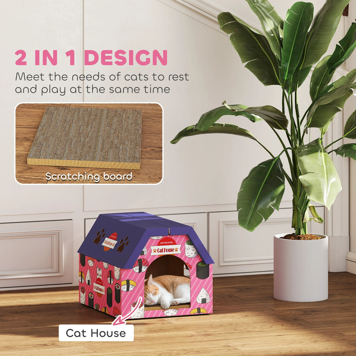 2 in 1 Cardboard Cat House and Scratching Board with 4 Paw Shaped Vents Sushi Design with Cat Grass Pink