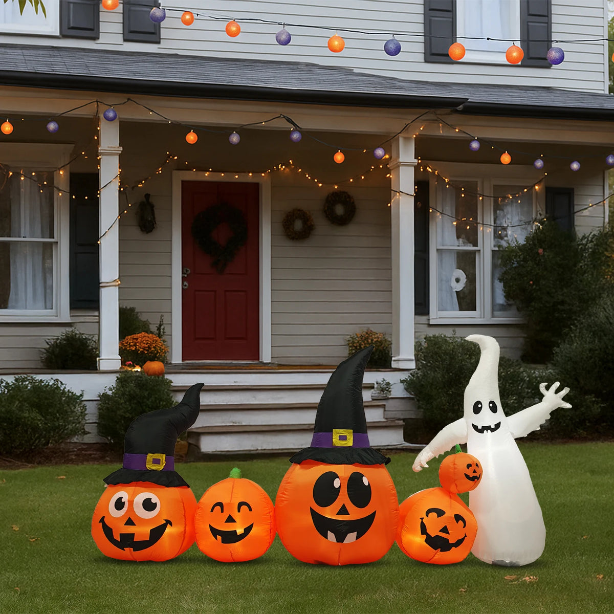 8ft Halloween Inflatable Pumpkins and Ghost with Witch Hats, LED Light-Up Garden Decoration