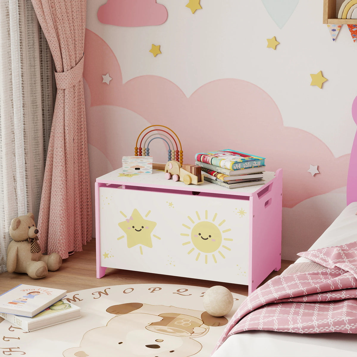 Kids Toy Box with Lid and Safety Hinges 60x37x39cm MDF Storage Chest 20kg Capacity Pink