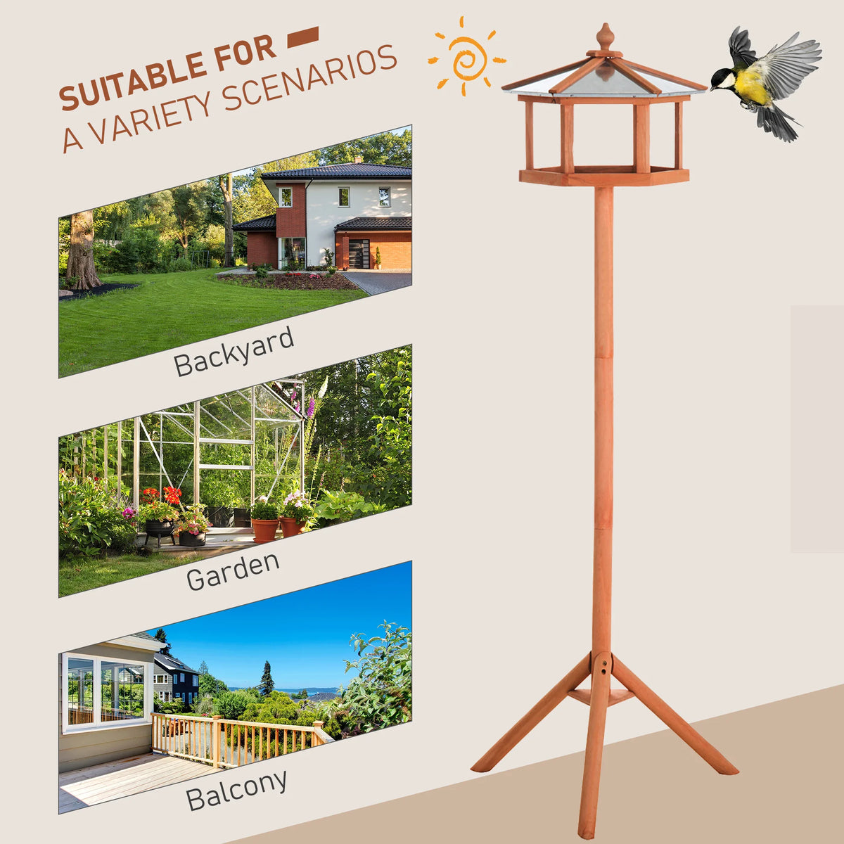 Wooden Bird Table 153cm Feeding Station with Stand Fir Wood Pitched Metal Roof and Tripod Base