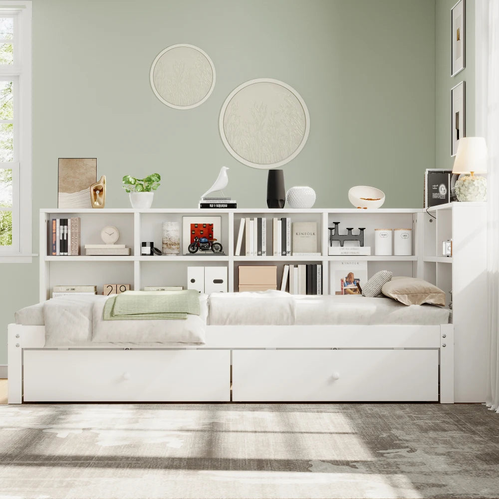 3ft Single Daybed with Storage Drawers, Pull-Out Trundle & Charging Station, White