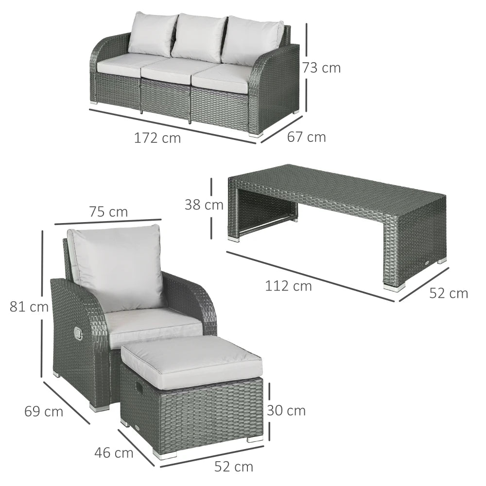 Six-Piece Rattan Dining Set with Reclining Armchairs and Metal Frame, Grey