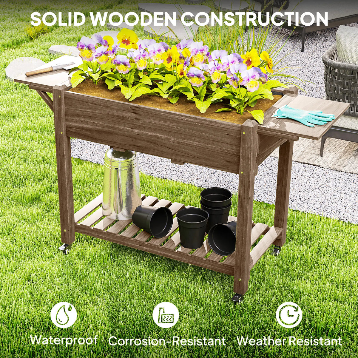 Raised Garden Bed, Wooden Elevated Planter Box with Lockable Wheels, Side Tables, Carbonised