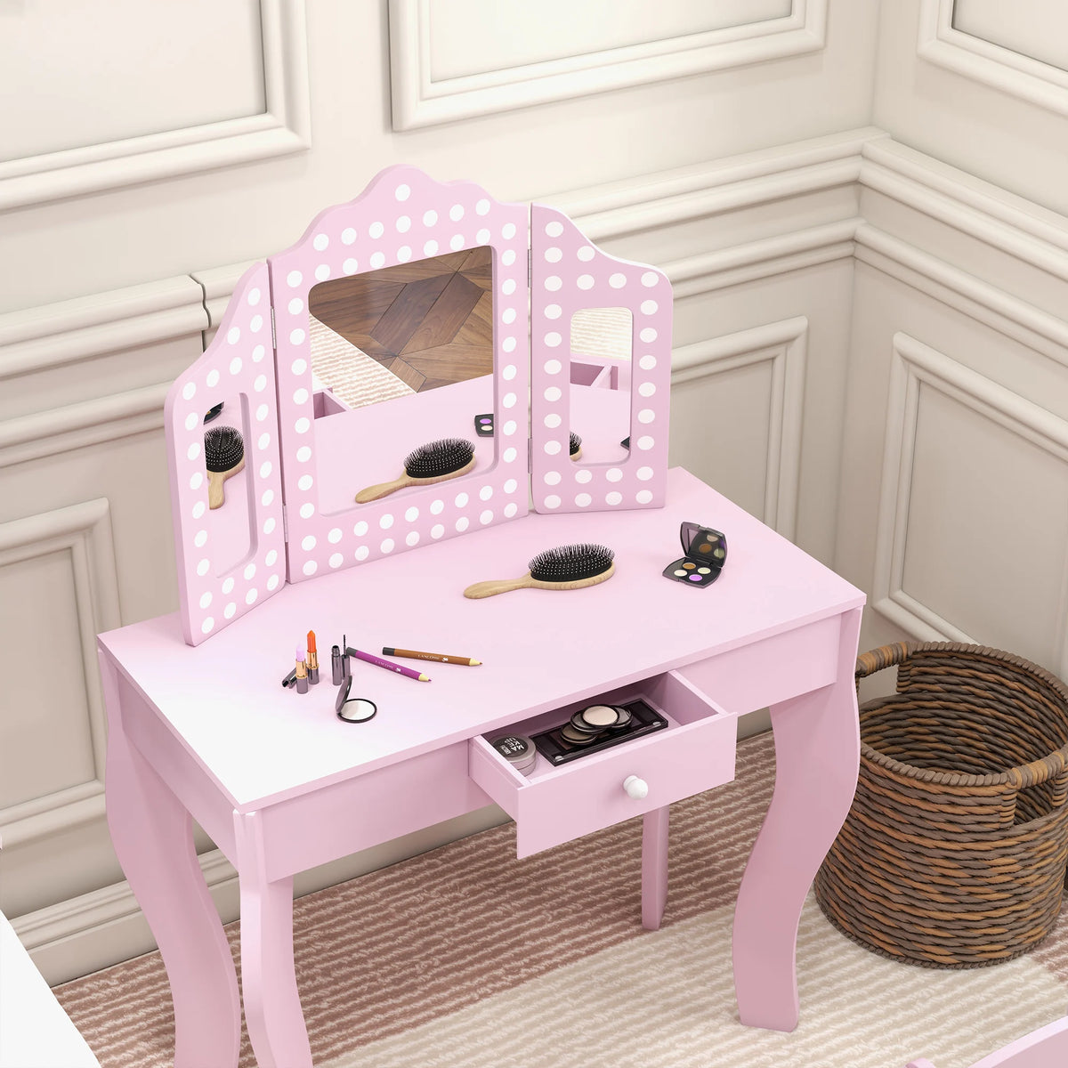 Kids Dressing Table and Stool Set with Tri-Fold Mirror and Drawer, Pink