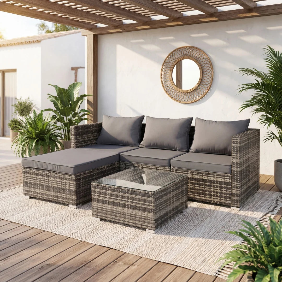 4 or 5 Piece PE Rattan Garden Corner Sofa Set with Coffee Table Cushions for Patio Outdoor Grey Khaki