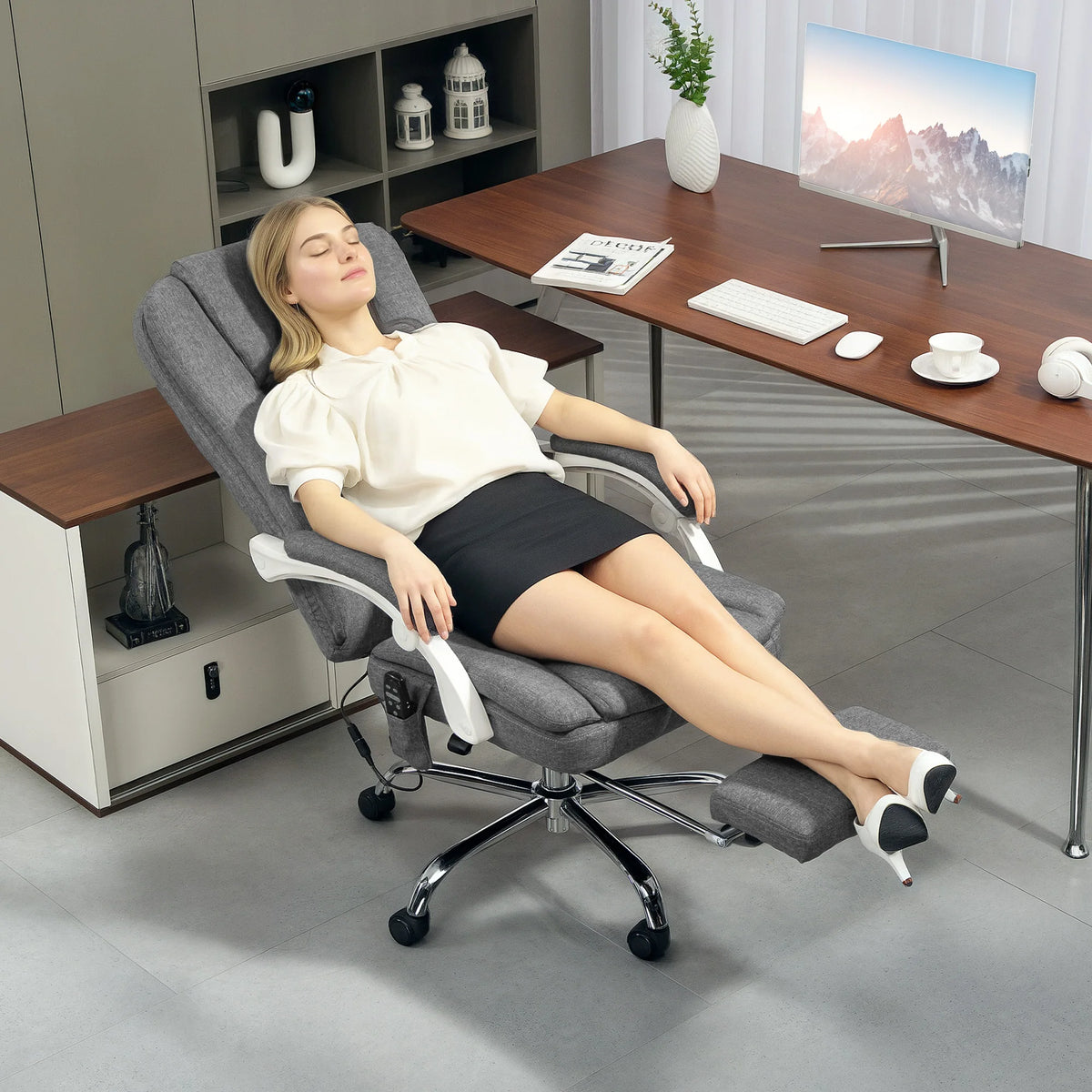 Massage Office Chair with Heat, Footrest and Recline, Grey