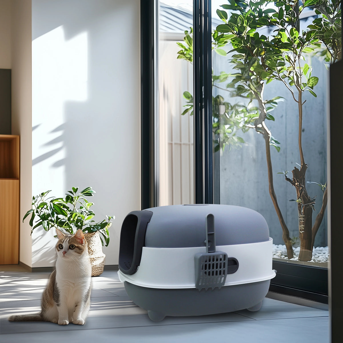 Large Enclosed Cat Litter Box Hooded Front Entry 34x56x38cm Anti-Splash with Scoop Grey