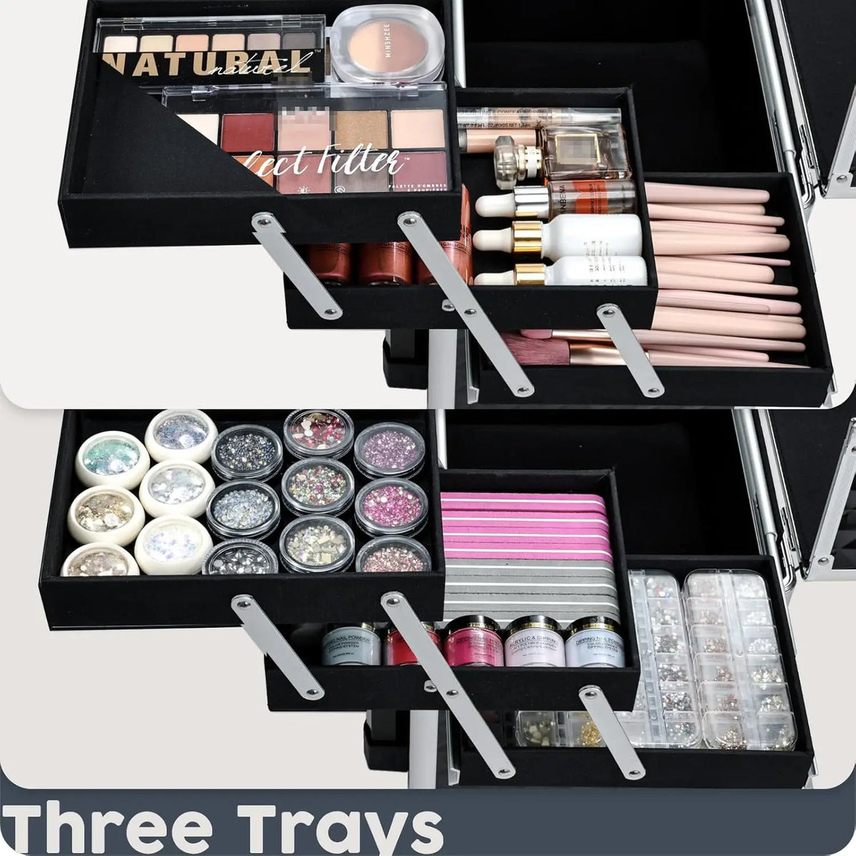 Rolling Makeup Case with Slide Out Drawer and 4 Trays 36-55L PVC Cosmetic Trolley for Salon and Travel