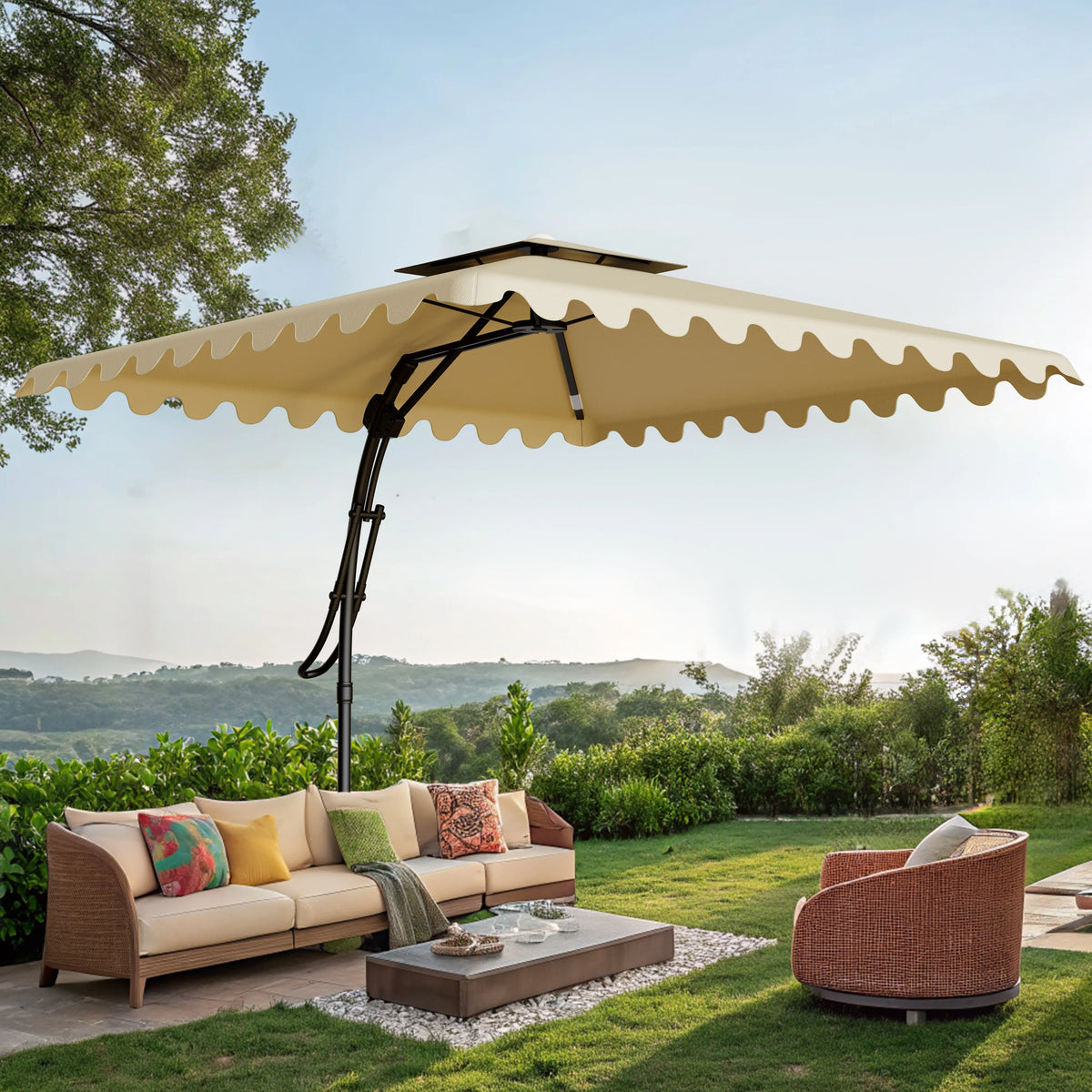 Square Cantilever Patio Umbrella, 2.5m Double Top Design, Khaki