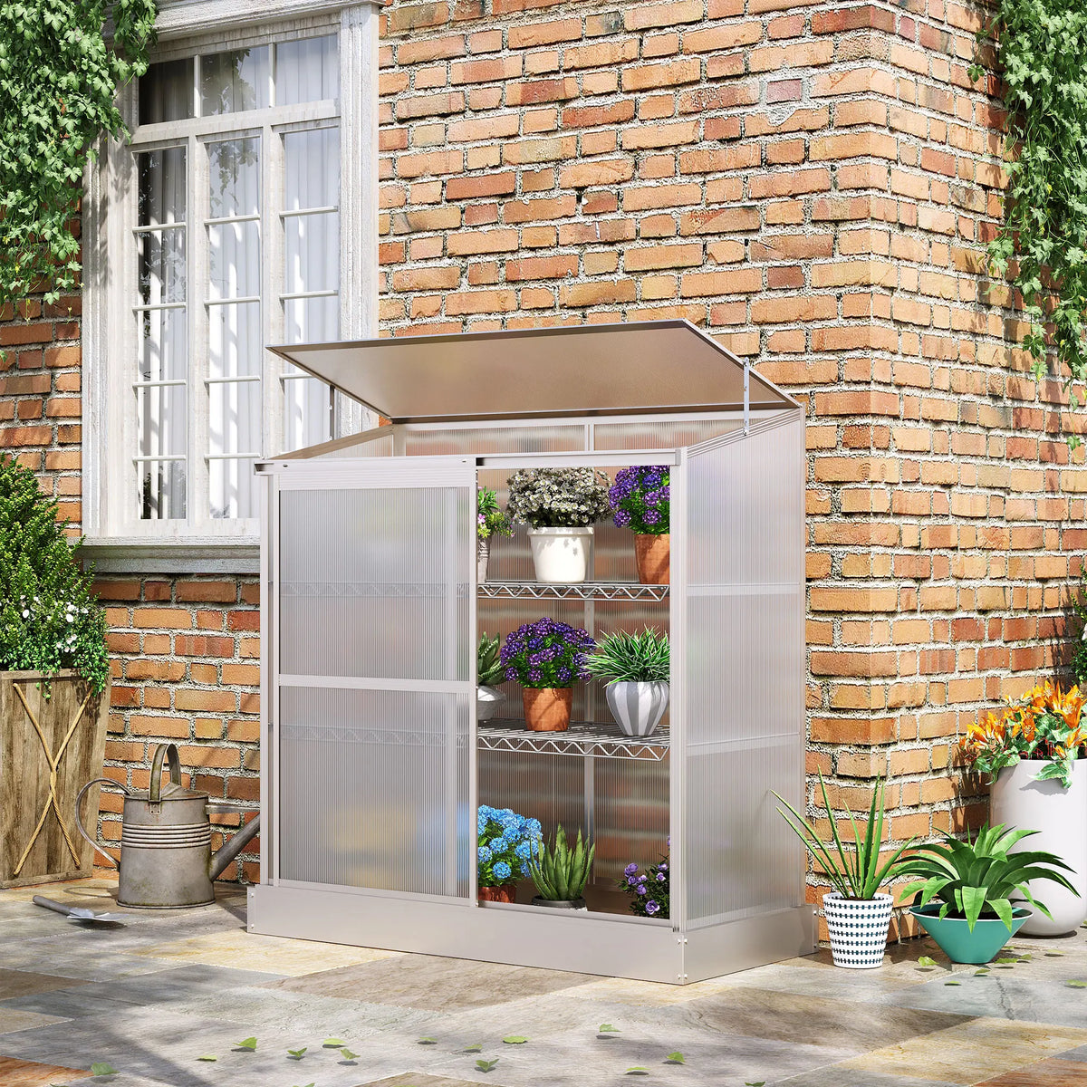 Aluminium Polycarbonate Cold Frame Greenhouse with 2 Shelves, 131 x 58 x 140cm