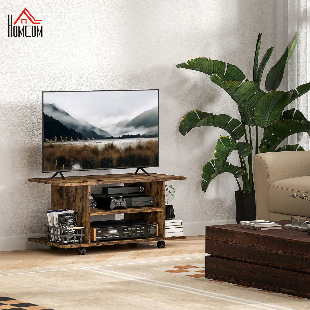 Modern TV Cabinet Stand, Storage Shelves Table, Mobile, Rustic Brown