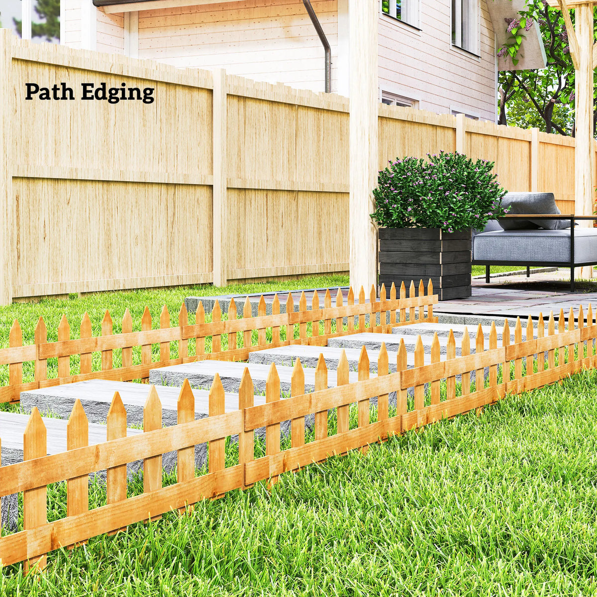 Pack of 12 Wooden Border Fences 60x34cm Fir Wood Garden Picket Edging with Pointed Stakes Brown