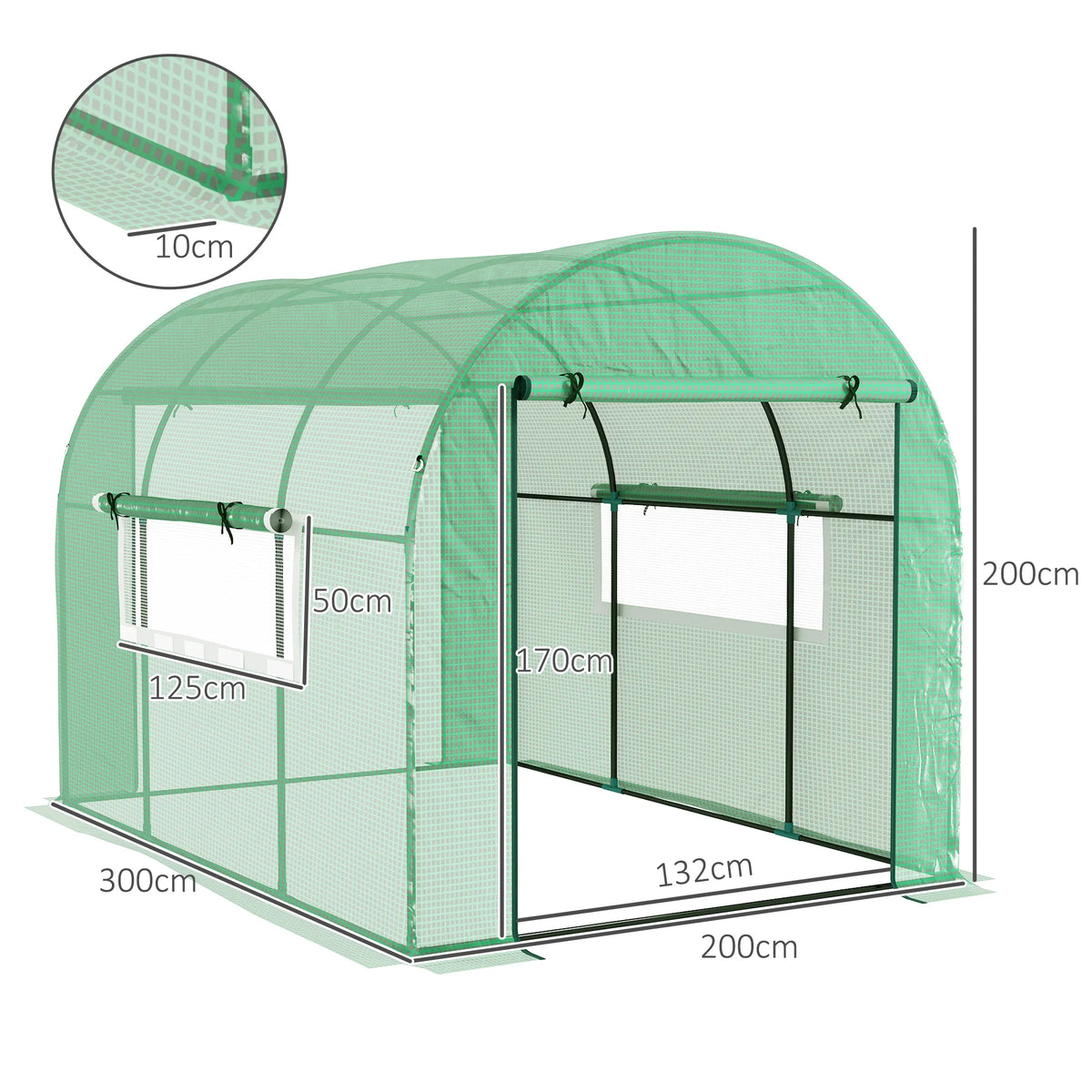 Polytunnel Greenhouse 3x2x2m with UV Resistant PE Cover Roll Up Doors Mesh Windows Ground Stakes Guy Ropes