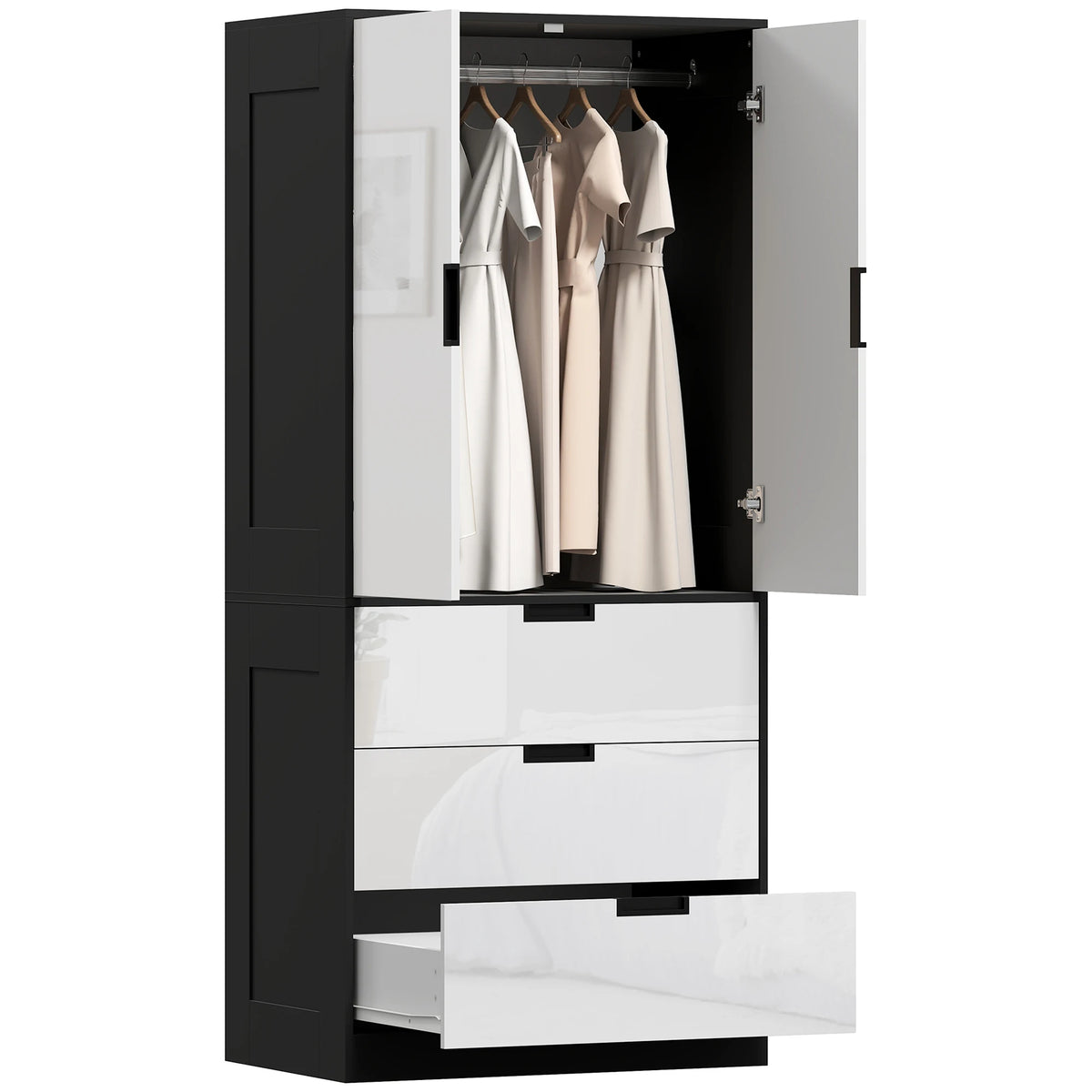 2 Door Wardrobe with 3 Drawers and Hanging Rail, Black and High Gloss White