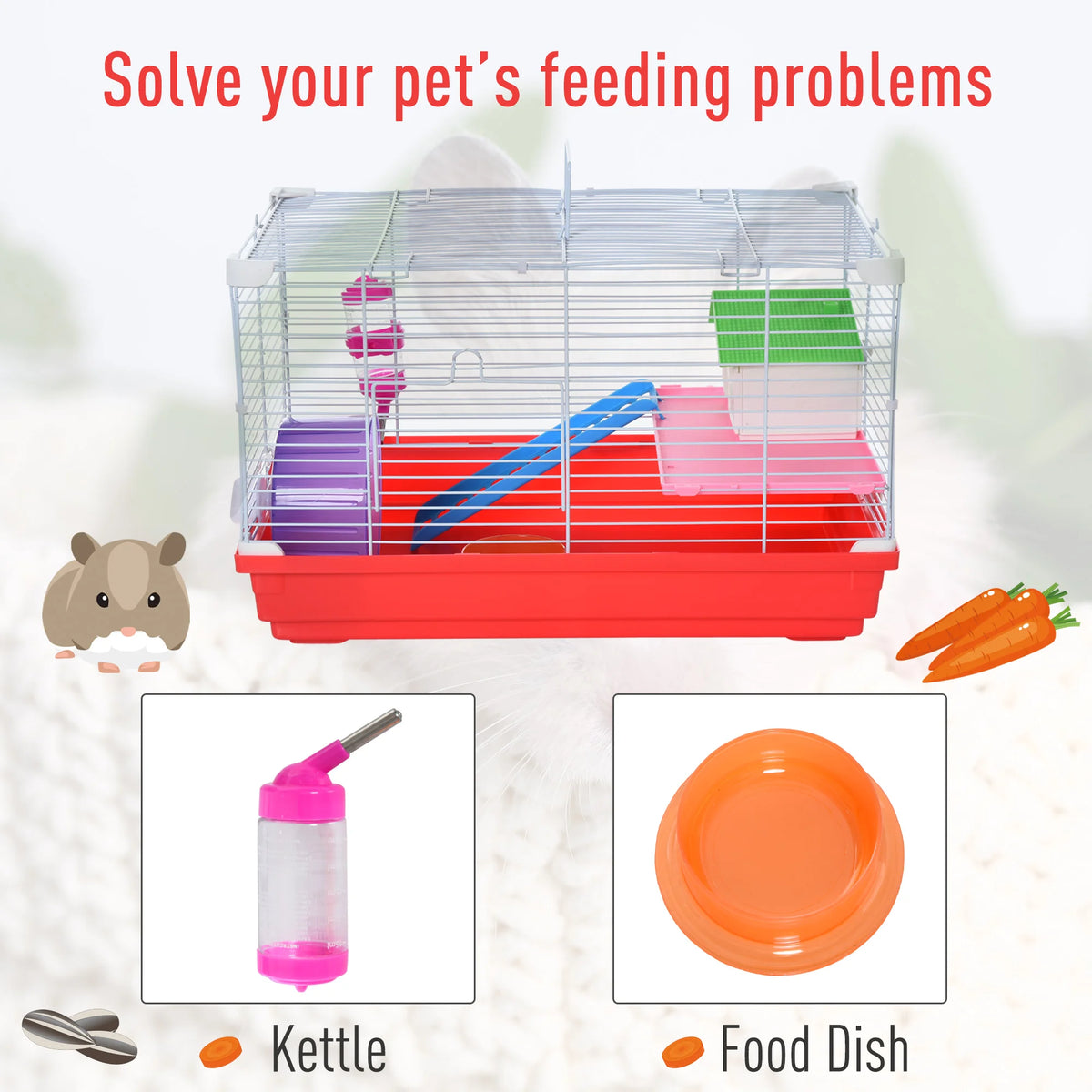 Hamster Cage, Small Gerbil Cage 2 Tiers Portable with Handle, Exercise Wheel, Water Bottle, Dishes