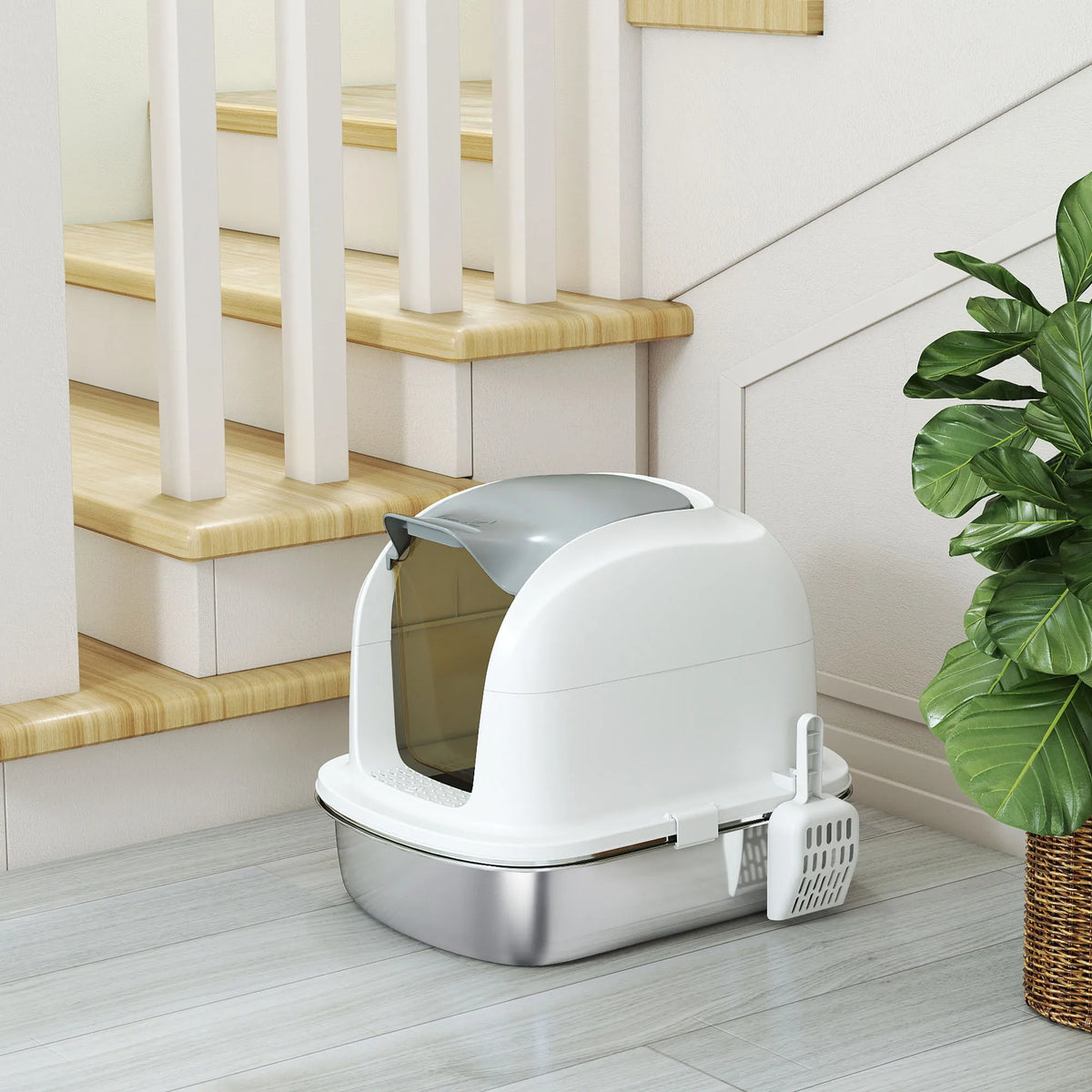 Stainless Steel Cat Litter Tray with Lift-Up Lid, White & Silver