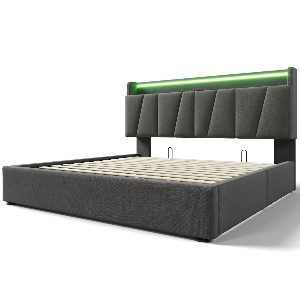 4ft6 Double Upholstered Bed Frame with LED Lighting & USB Charging Storage Headboard, Grey Linen