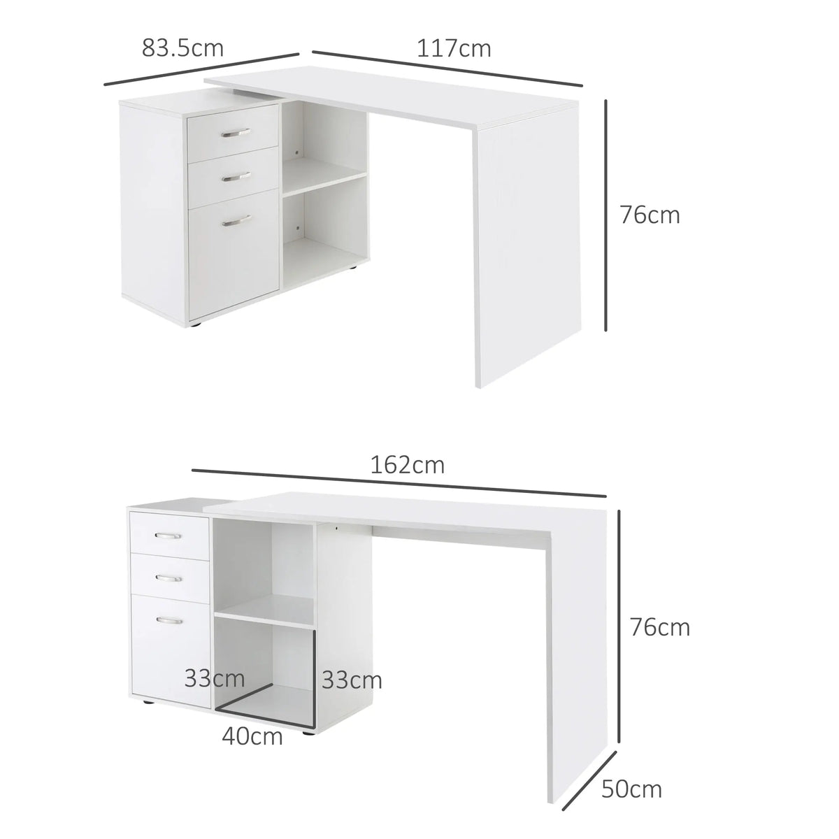 L-Shaped Corner Computer Desk with Drawers, Shelves and File Cabinet, White