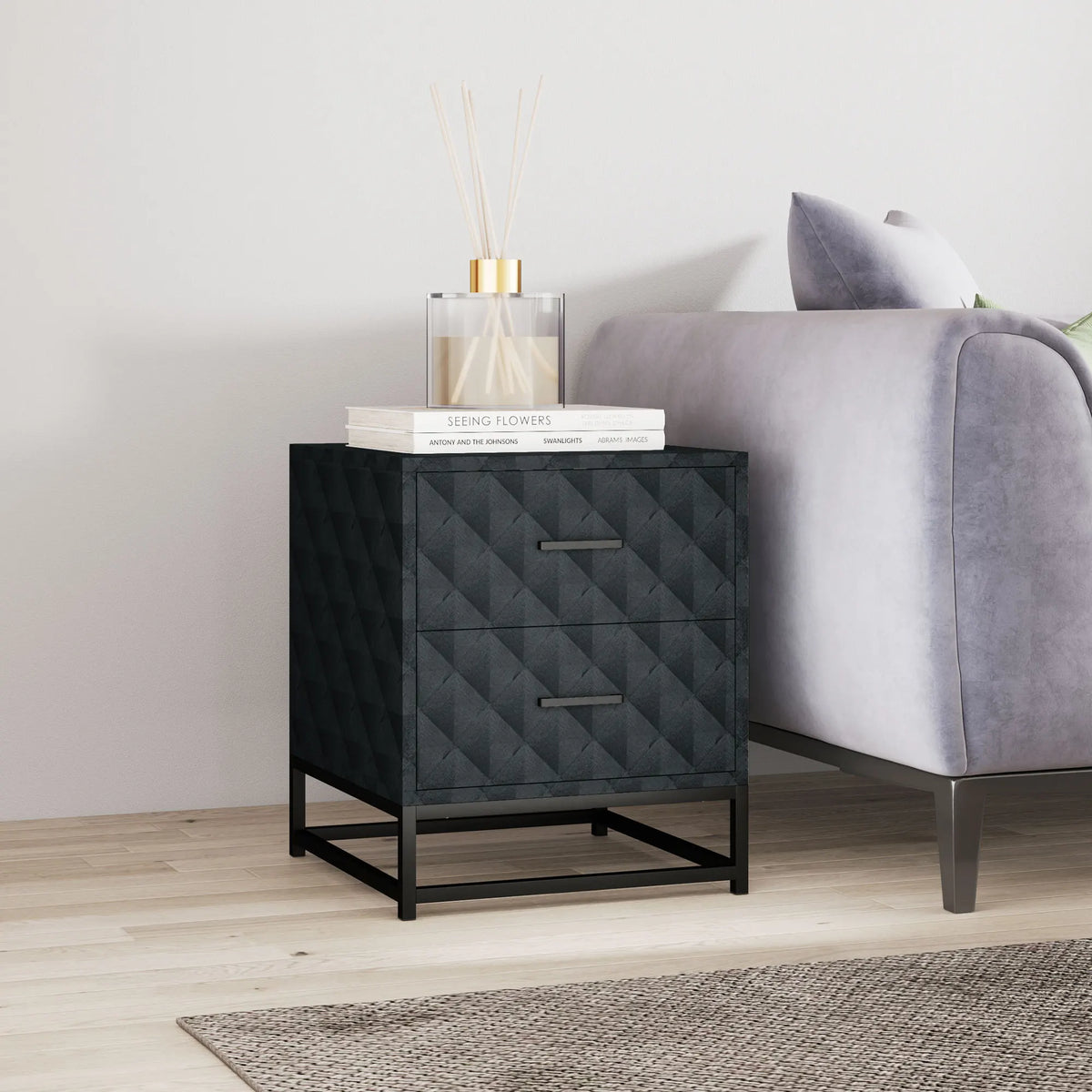 Bedside Tables Set of 2 with 2 Drawers and Steel Legs, Black