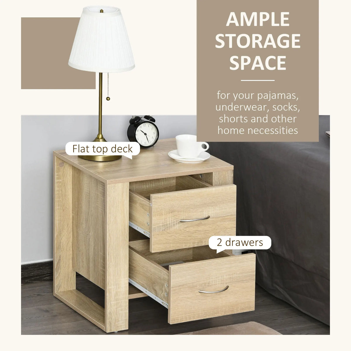 2 Drawer Boxy Bedside Table w/ Handles, Elevated Base, Oak Brown