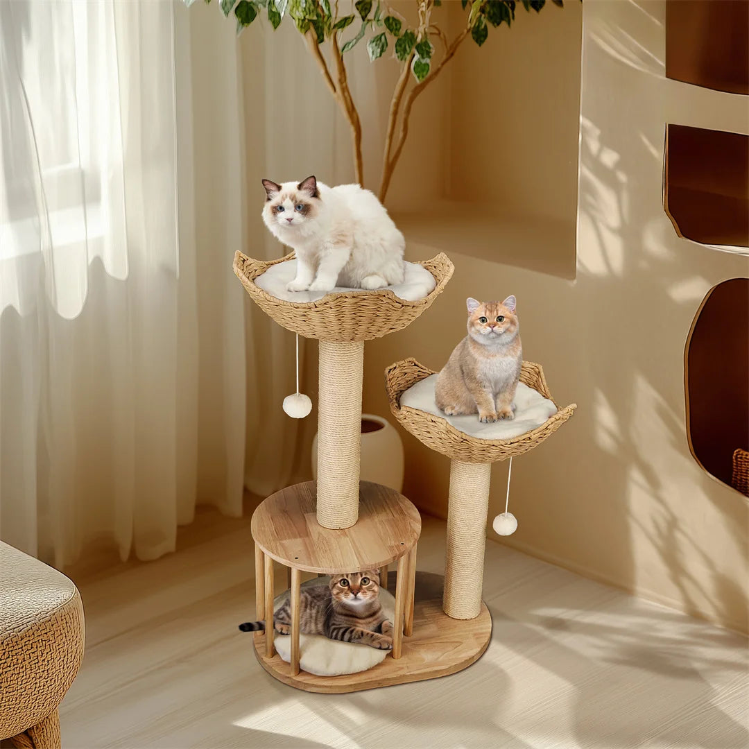 BINGOPAW 3 Tier Cat Climbing Tree 60x40x99cm Activity Centre Scratching Post Natural Wood White
