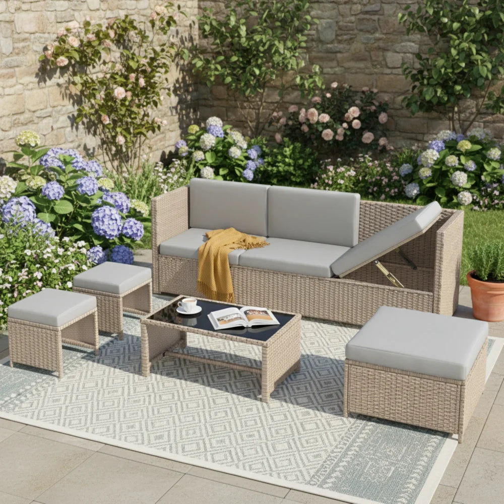 4-6 Seater Rattan Garden Lounge Set with Coffee Table, Khaki