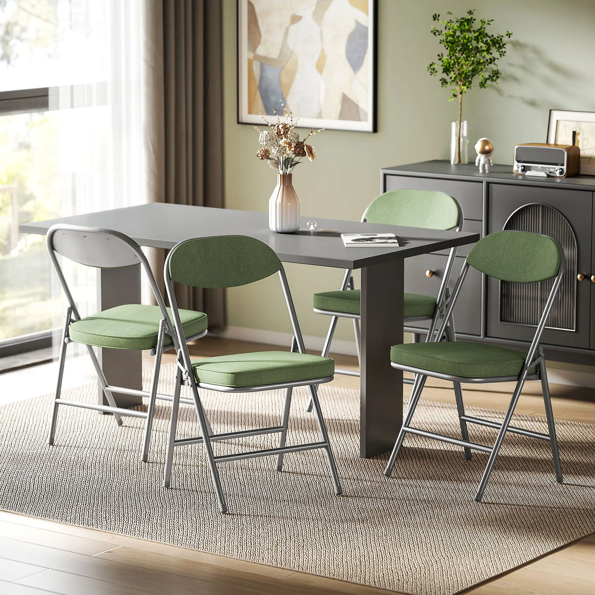 Folding Chairs Set of 4 with Cushioned Seat, Steel Frame, Green
