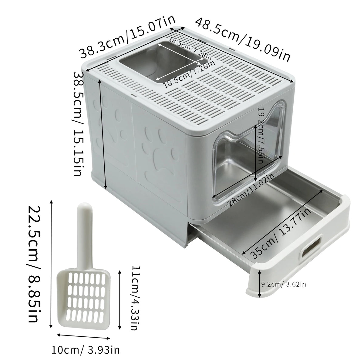 Large Stainless Steel Cat Litter Box 38.3x48.5x38.5cm Front Entry Top Exit with Lid Scoop for Kittens