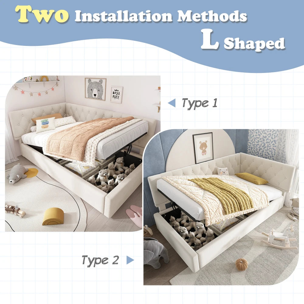 3ft Single Ottoman Daybed with Hydraulic Storage, Velvet Upholstered Sofa Bed, Beige