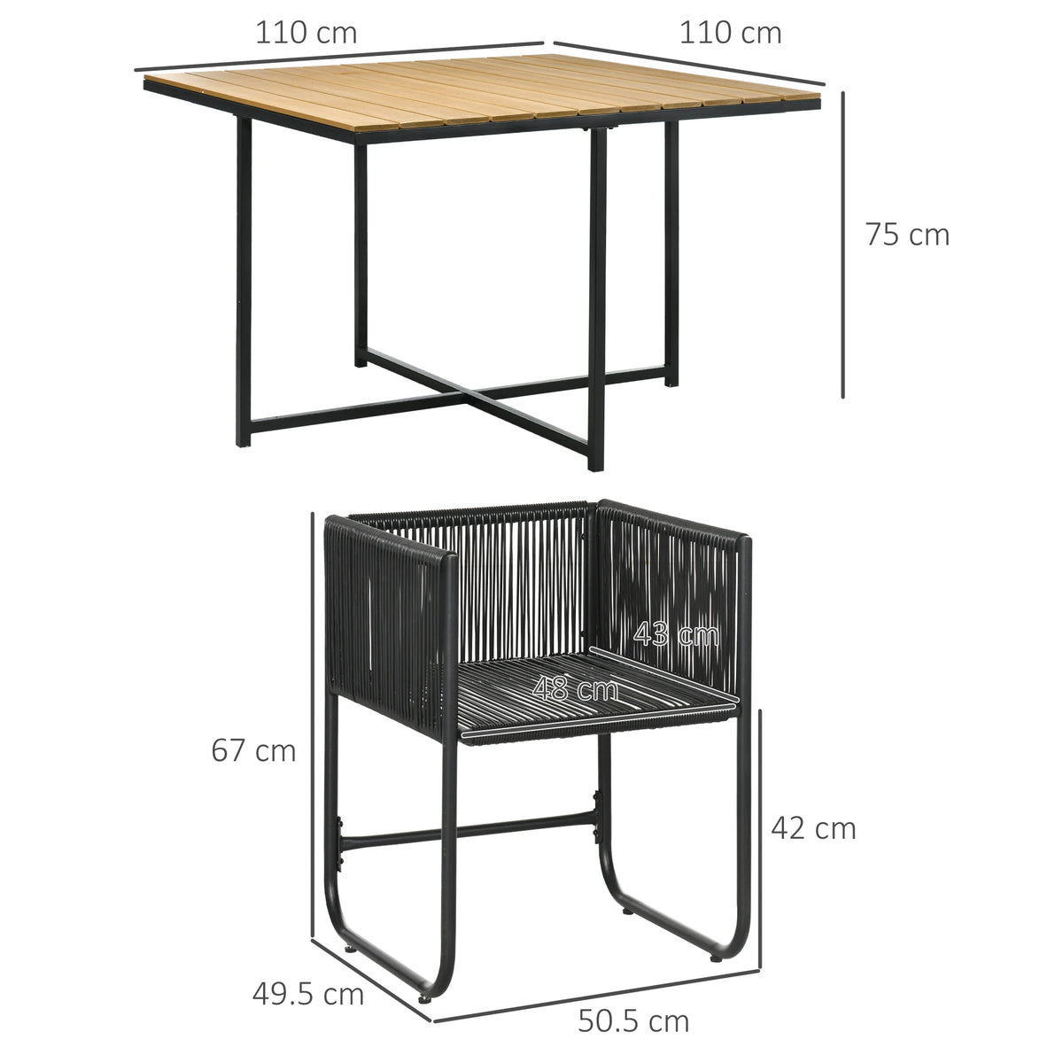 5 Piece Rattan Cube Garden Set 4 Armchairs Square Table Powder Coated Metal Wood Effect Top with Cushions