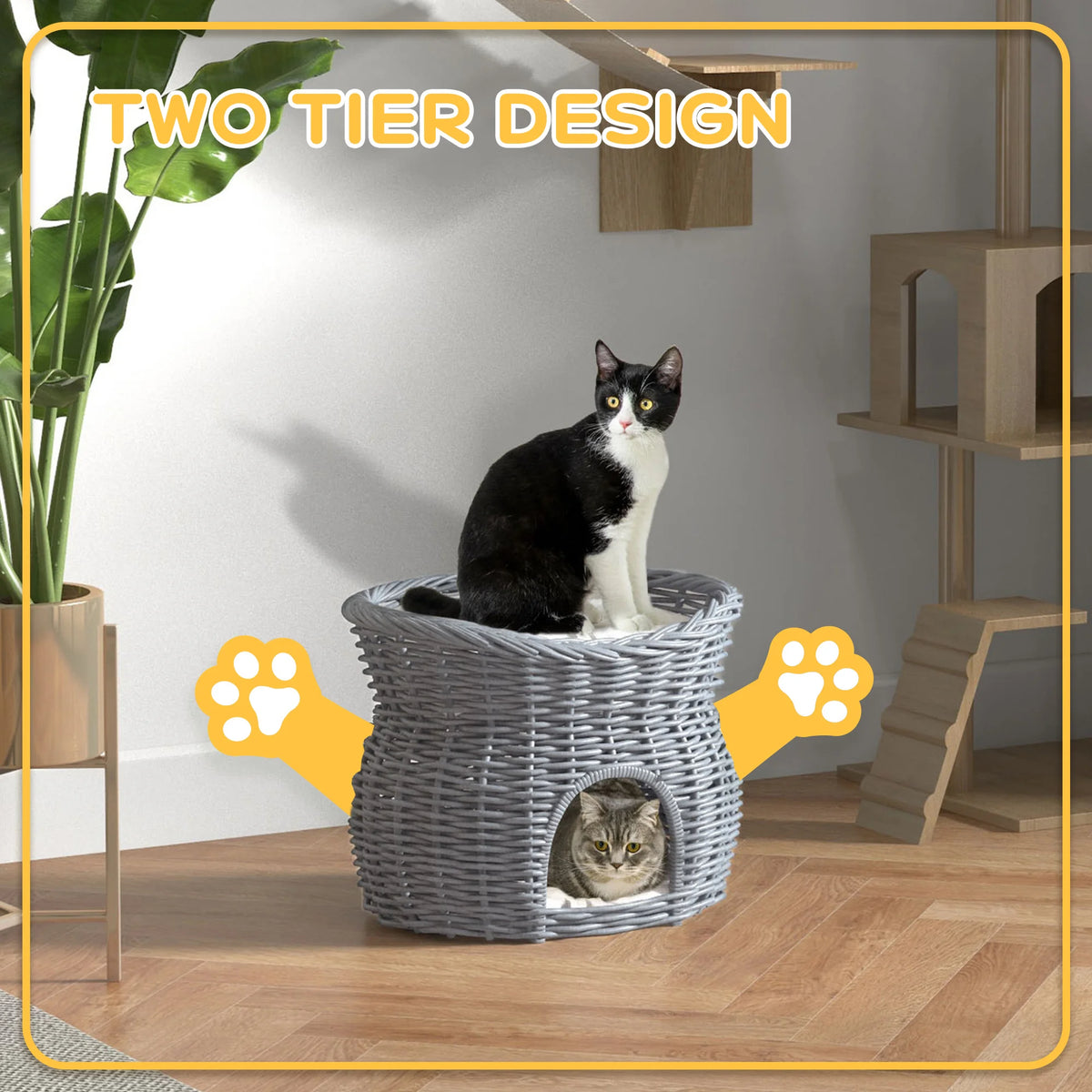2 Tier Elevated Wicker Cat House with Cushion Willow Basket Condo Open Lounging Bed and Wide Entrance