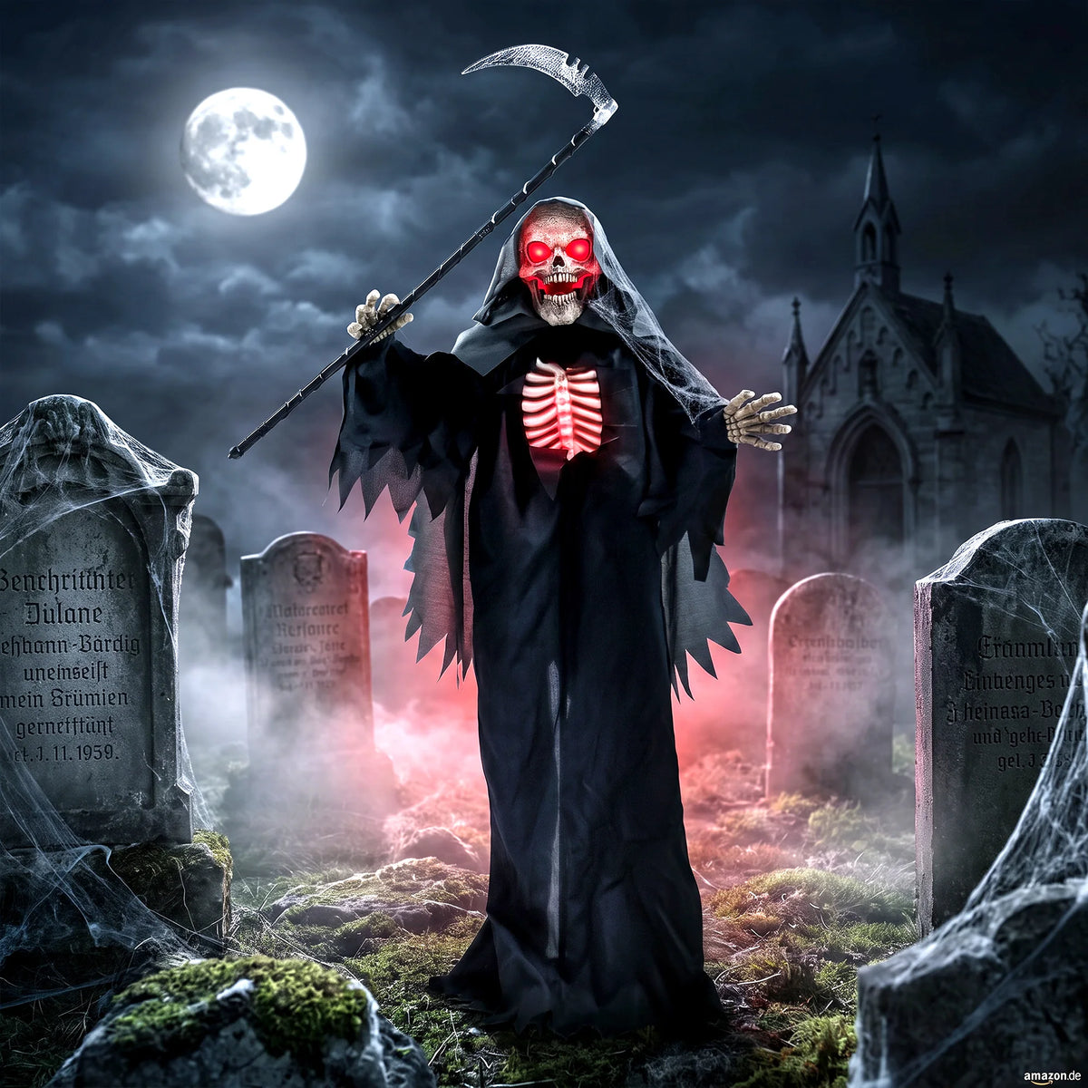 Skeletal hand gripping a scythe on a Halloween prop