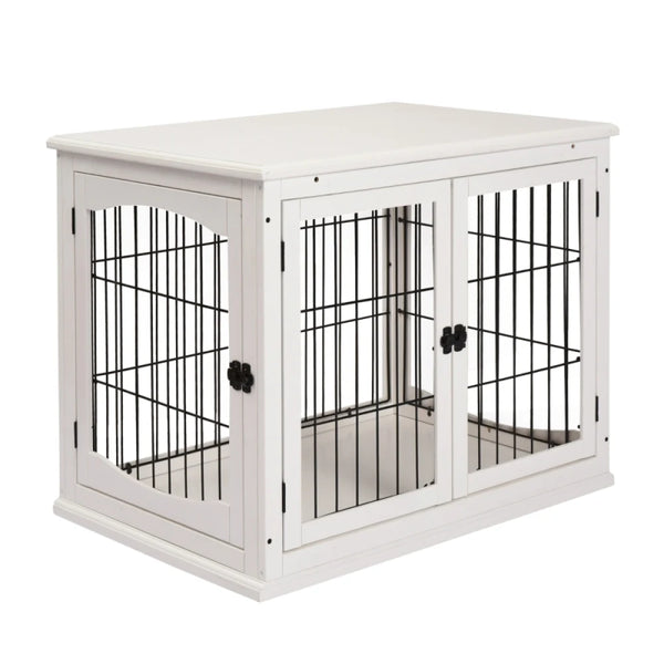 Dog Crate Furniture Puppy End Table 81x58.5x66cm White with 2 Doors for Medium Small Dogs
