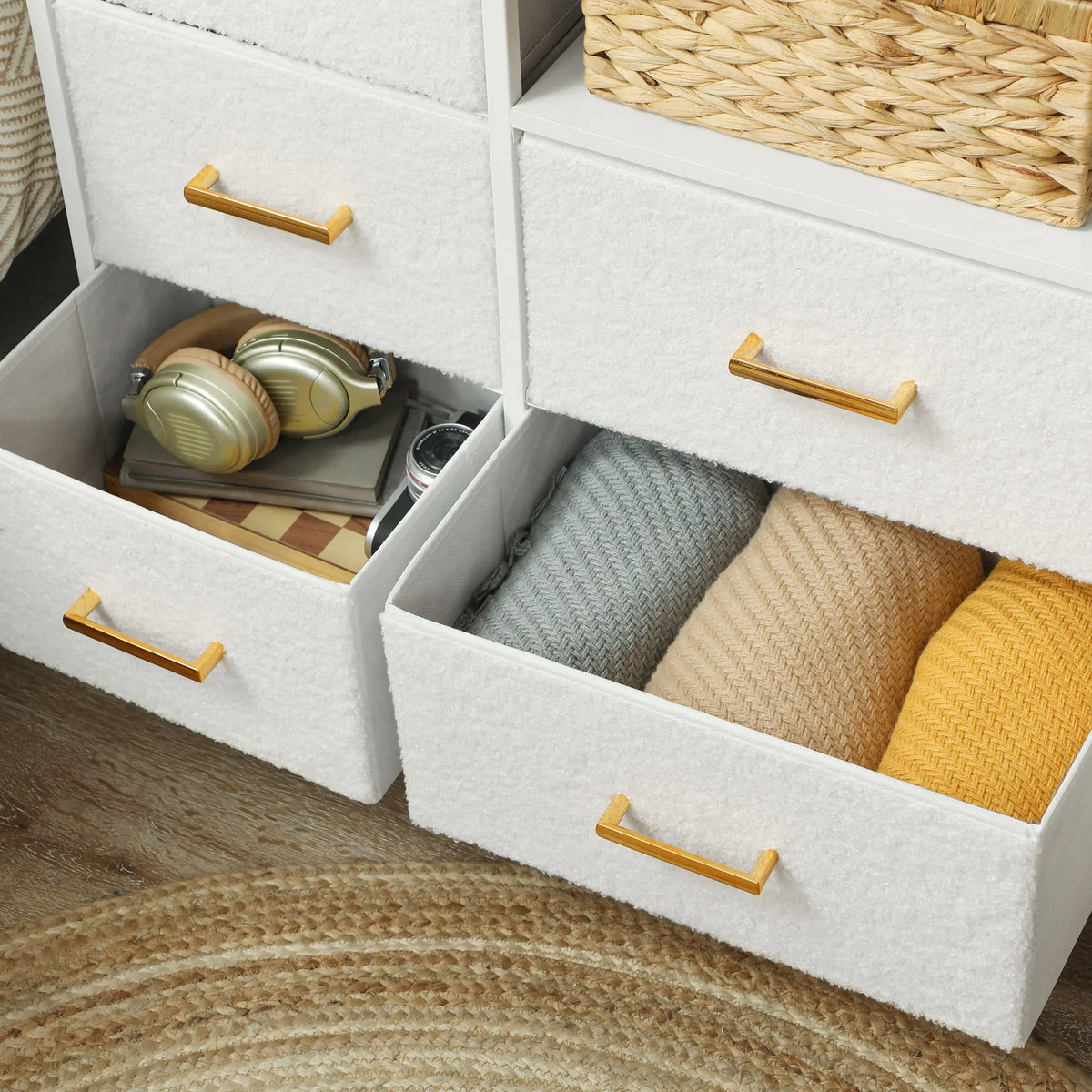 Boucle Chest of Drawers 8 Drawers with 2 Power Outlets USB and USB C Ports 1.5m Cord Gold Handles