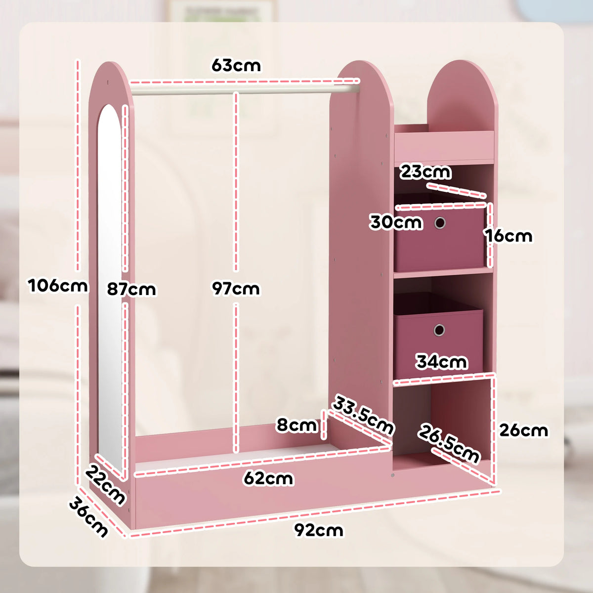 Kids Dress-Up Clothes Rail with Storage Shelf, Boxes and Mirror