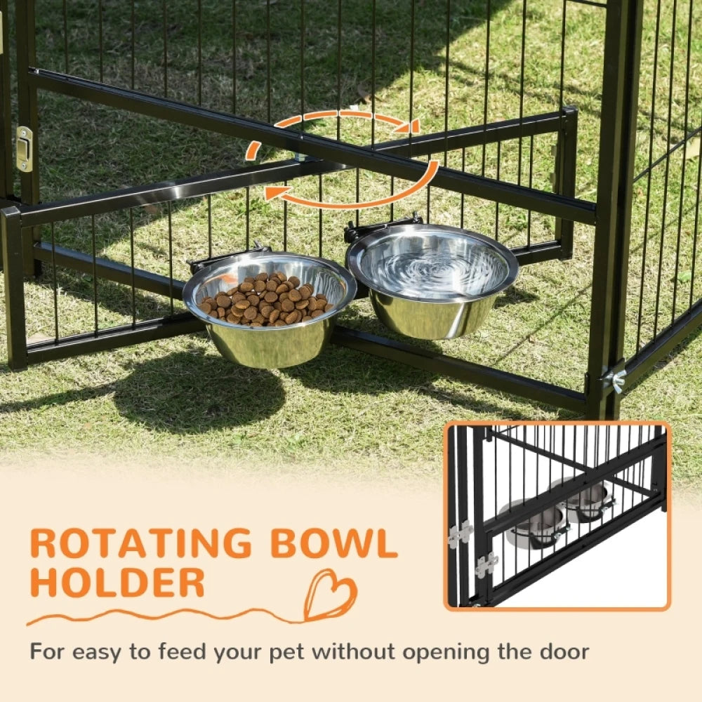 PINGGO Outdoor Dog Kennel 141x141x151cm Puppy Playpen with Canopy Rotating Bowl Garden Fence Enclosure Brown