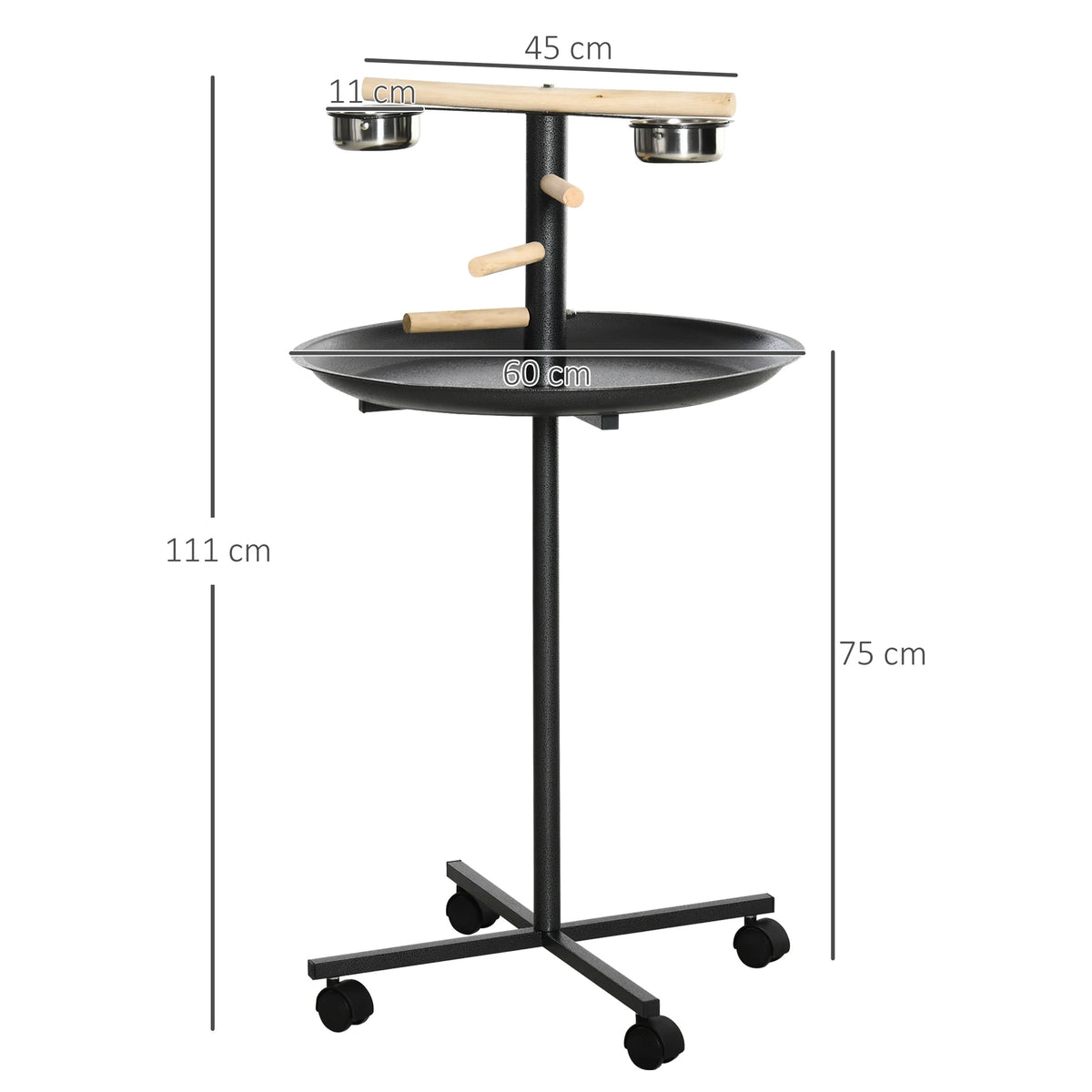 Metal Bird Feeding Station Play Stand with Wheels 2 Stainless Steel Bowls and Catch Tray 111cm Grey