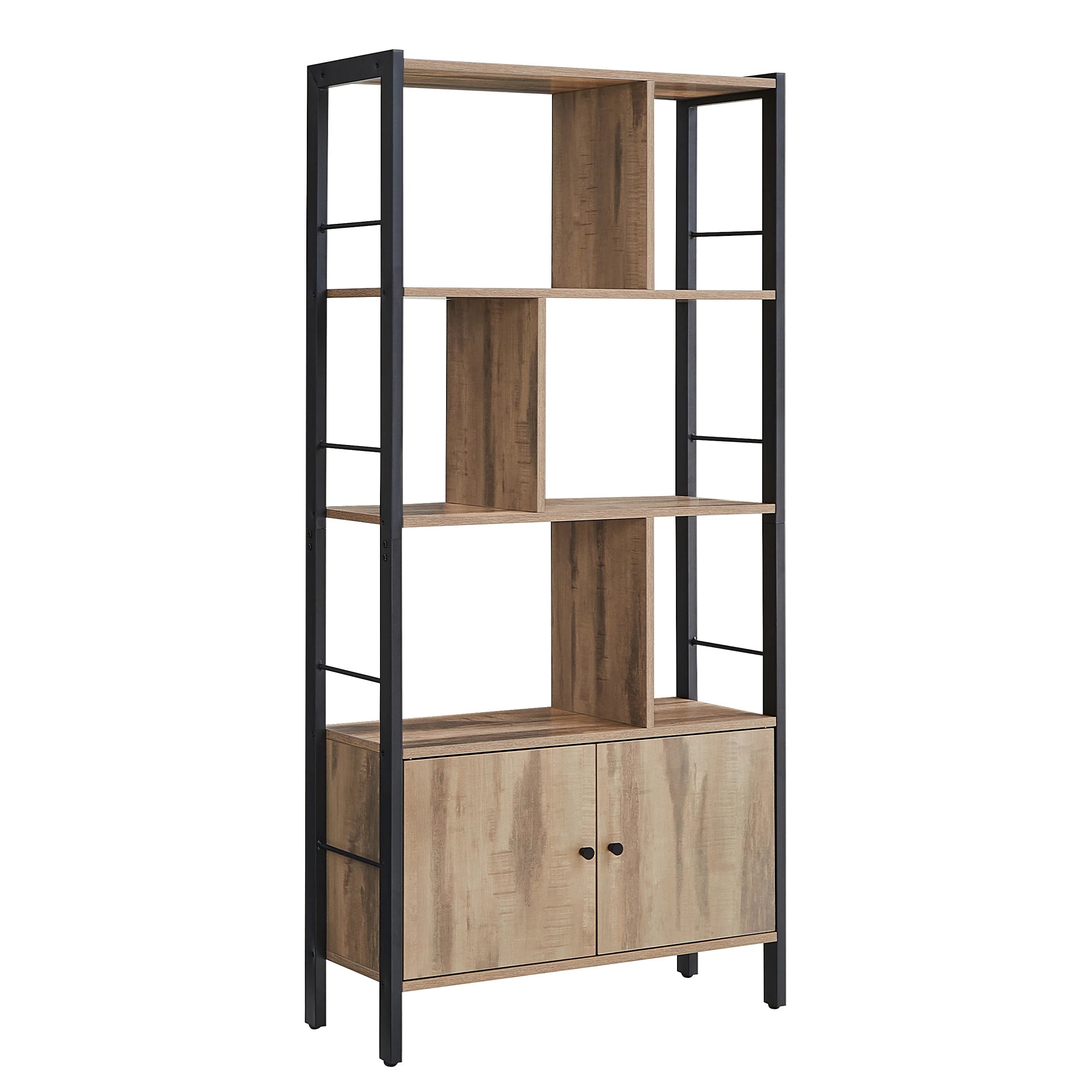 Large Industrial Bookcase with Doors 154cm | 4 Open Shelves and Closed Cabinet Steel Frame Living Room Storage