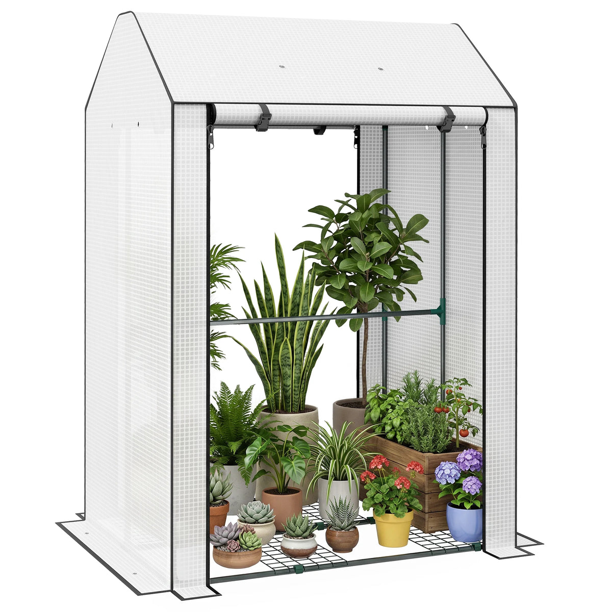 Compact Greenhouse with 4 Wire Shelves and Vents, 100 x 80 x 150cm, White