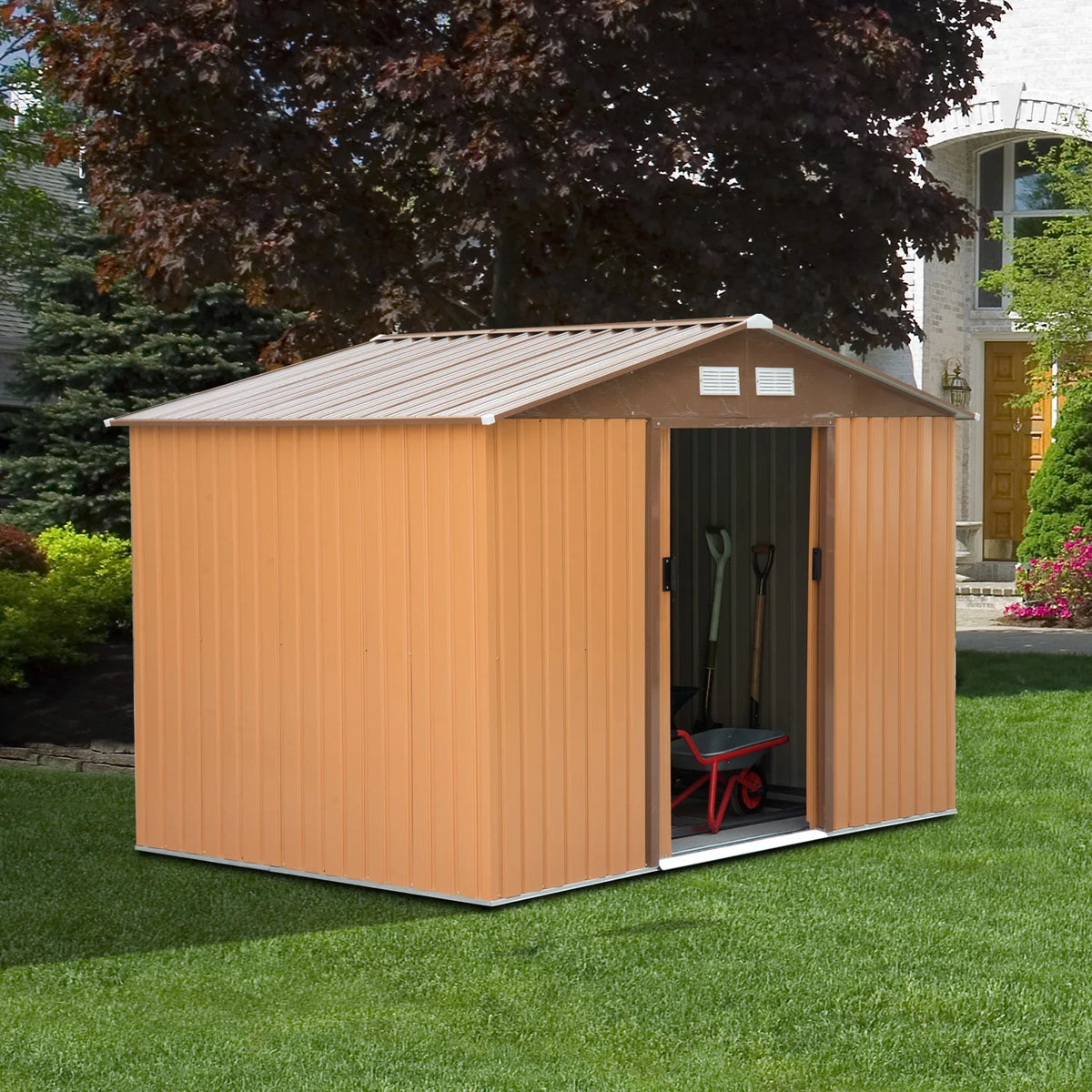 9 X 6ft Garden Shed Storage with Sliding Doors, Metal Tool House, Light Brown