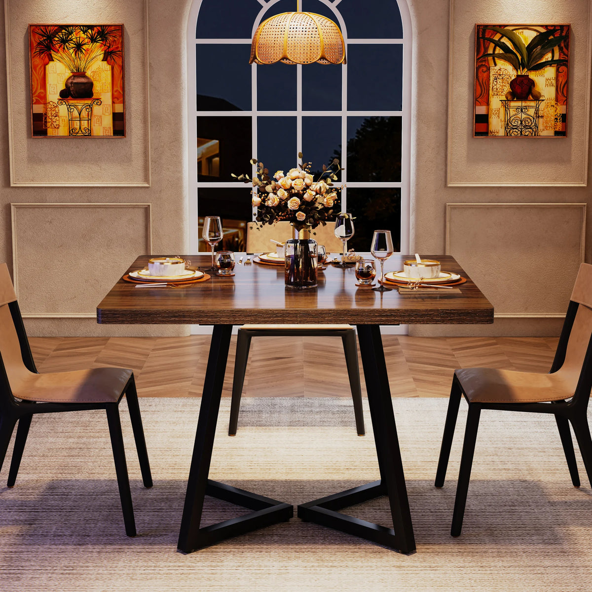 Square Dining Table for 4 Industrial Wood Kitchen Table with Metal Base