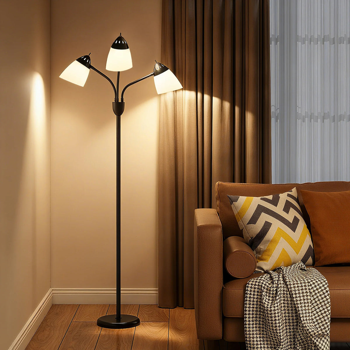 Industrial Arc Tree Floor Lamp with 3 Adjustable Heads, Black