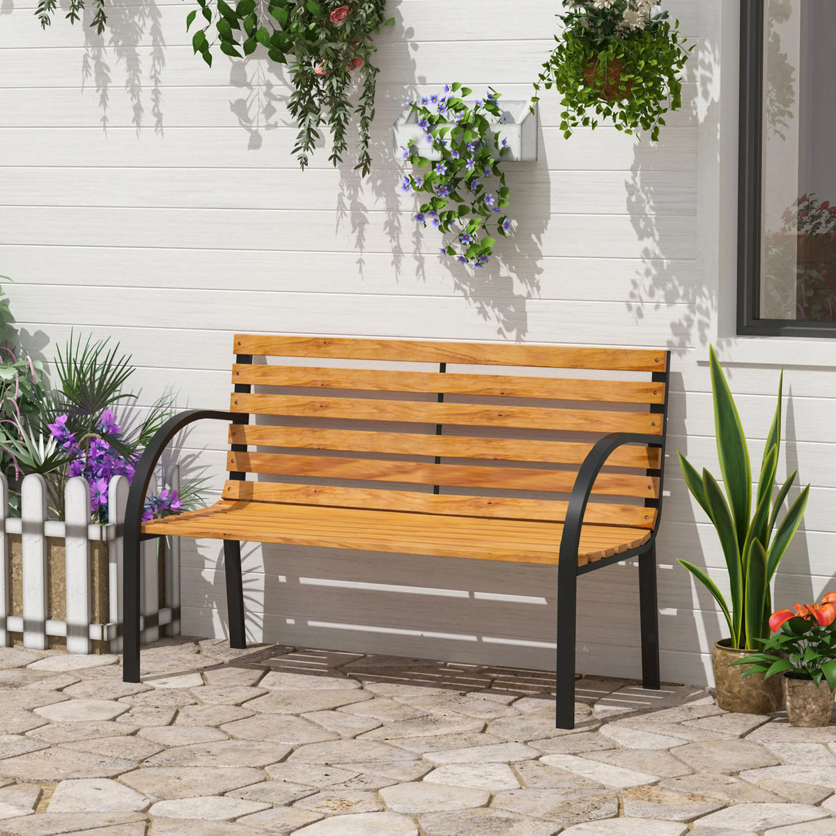 Wooden Garden Bench Park Chair 2 Seater Love Seat Chair Outdoor Patio Porch Furniture w/ Sturdy Steel Frame