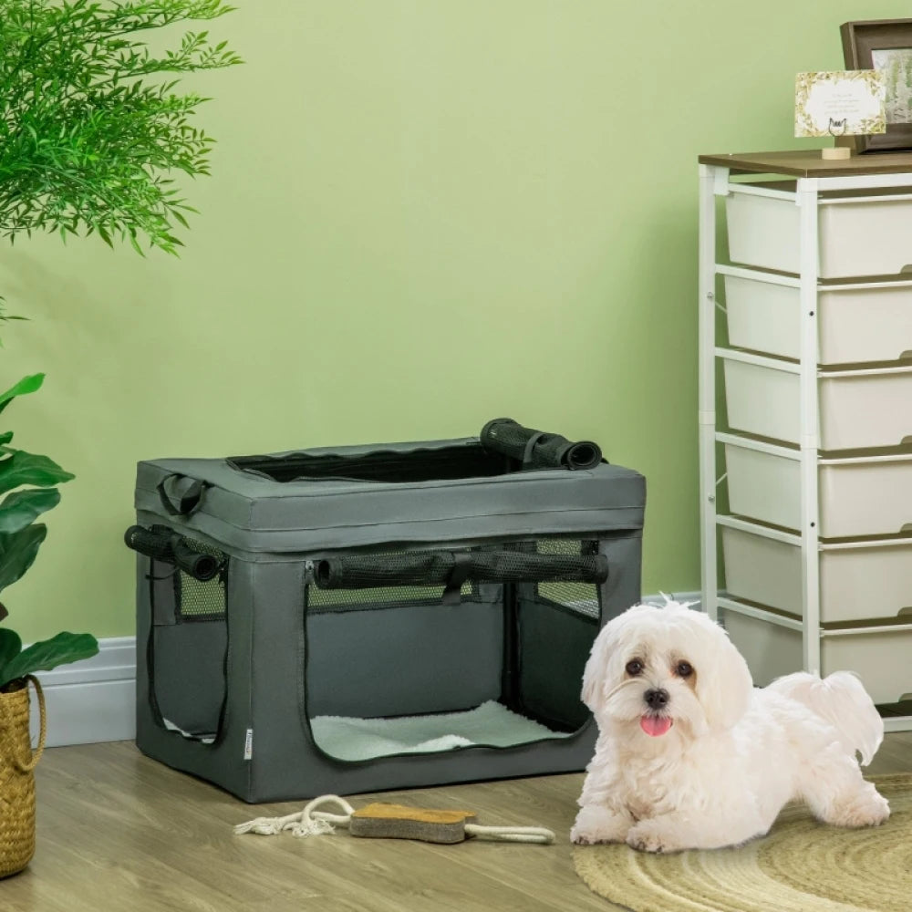 60cm Soft Sided Pet Carrier with Cushion 3 Doors Collapsible Travel Crate for Cats and Miniature Dogs Grey