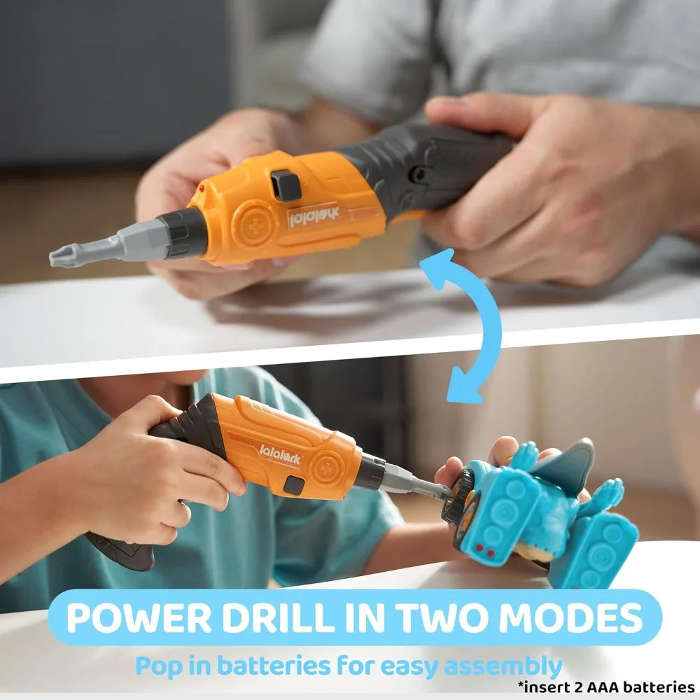 3 Pack Dinosaur Take Apart Toy Cars with Electric Drill T-Rex Raptor and Triceratops Transform Trucks for Kids